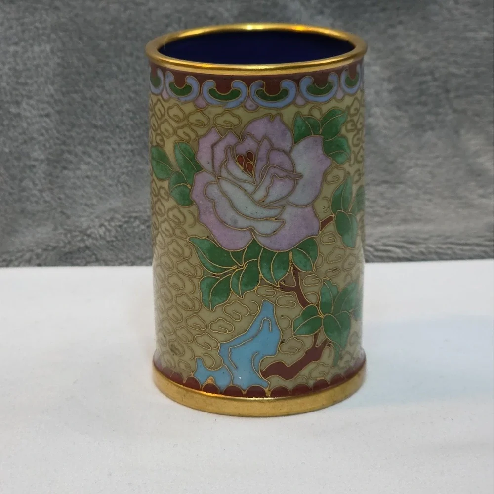 Vintage Cloisonne Enamel And Brass Rose 3